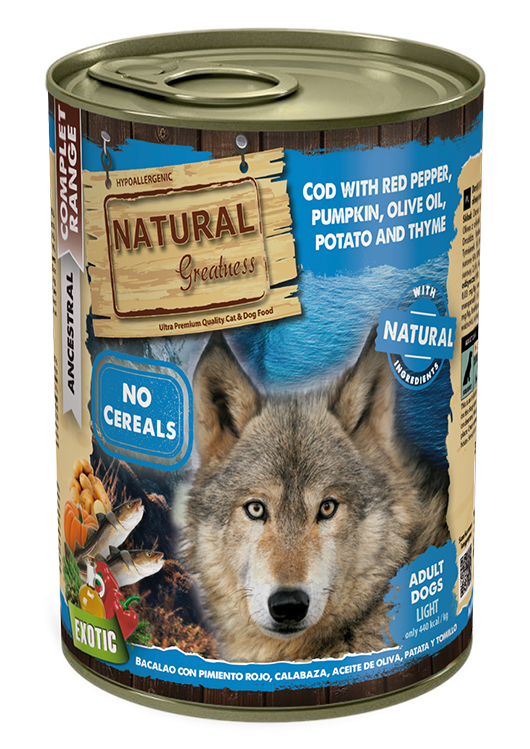 [NGD40022] Natural Greatness Lata Bacalao con Pimiento Rojo, Calabaza, Aceite de Oliva, Patata y Tomillo para perros, 390 g