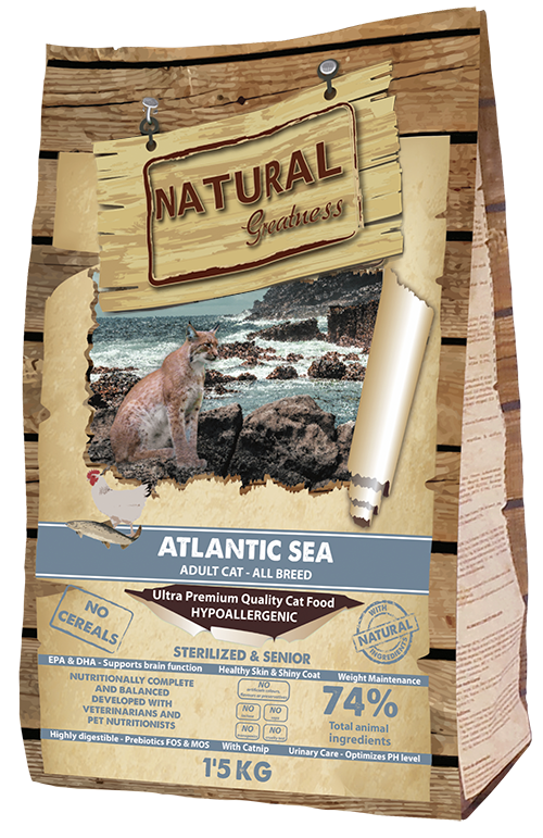 Natural Greatness Receta Atlantic Sea – pienso sin cereales para gatos adultos, esterilizados y senior, 1,5 kg