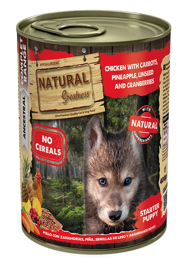 Natural Greatness Lata Pollo con Zanahorias, Piña, Lino y Arándanos para cachorros, 400 g