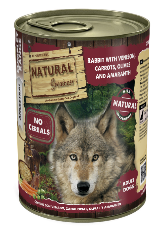 Natural Greatness Lata Conejo con Venado, Zanahorias, Aceitunas y Amaranto para perros, 400 g