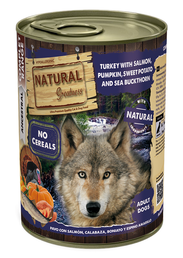 Natural Greatness Lata Pavo con Salmón, Calabaza, Boniato y Espino Amarillo para perros, 400 g