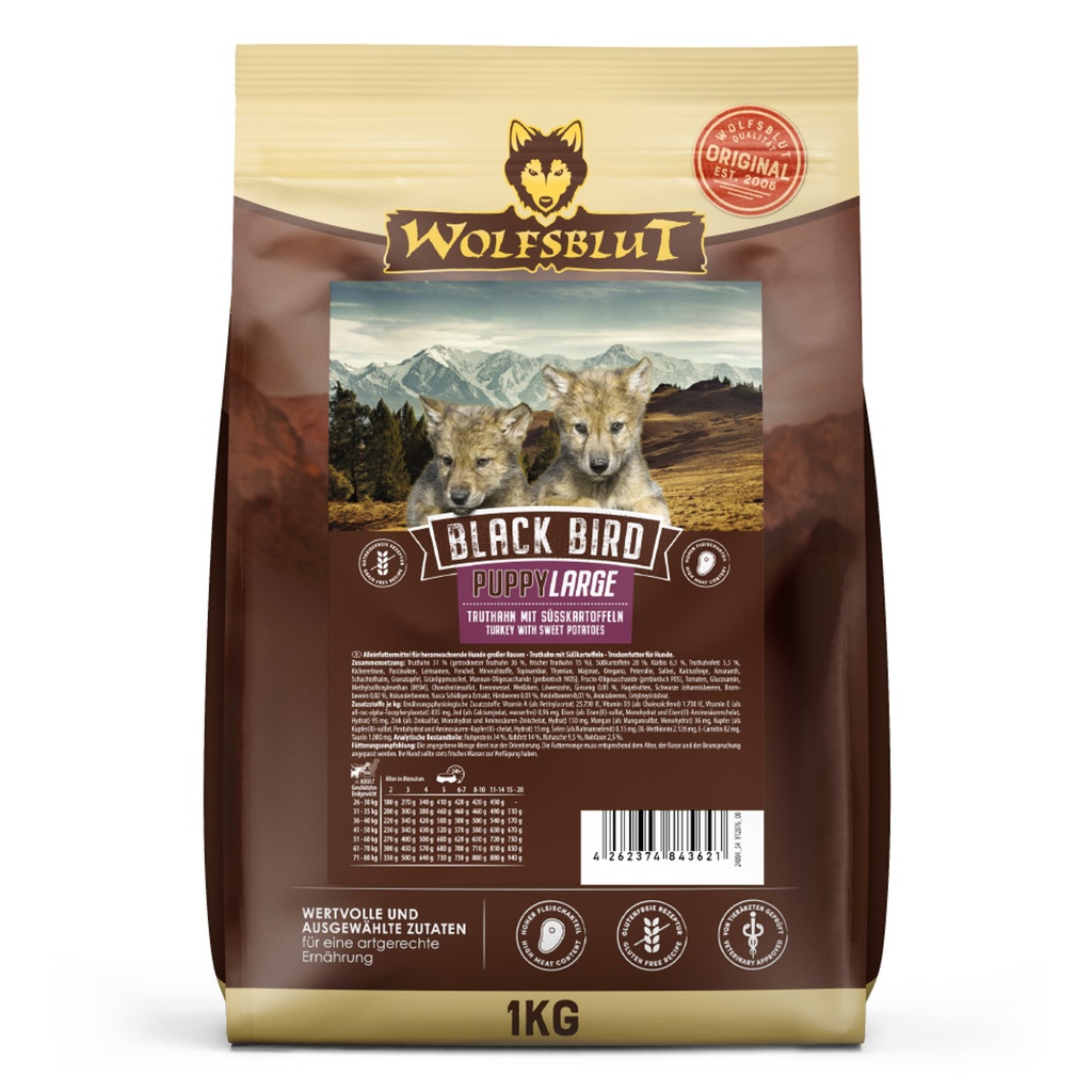 [WB843621] Wolfsblut Puppy Large Breed Black Bird – Pavo con boniato (1 kg)